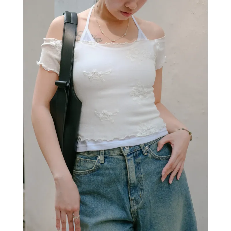 3D Embroidered Two-Piece Halter Tie Top