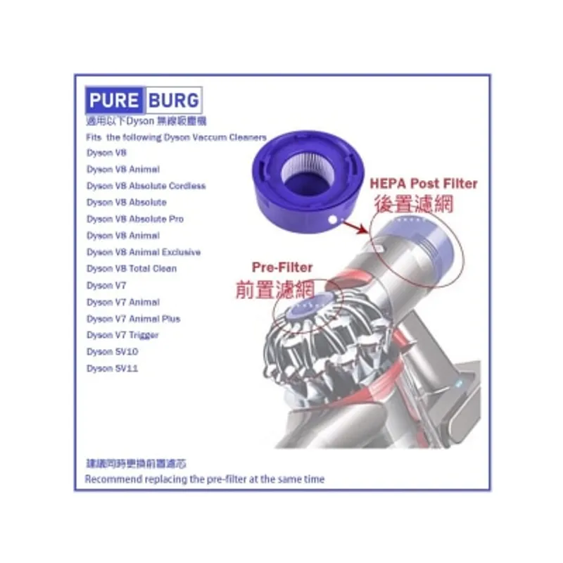 Pureburg 淨博 代用後置HEPA濾網濾芯 (適用於Dyson V7 V8 Animal Absolute Total Clean SV10 SV11吸塵機)