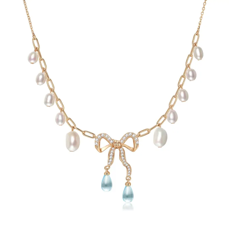 AILCE｜Blue Topaz & Pearl Gold Bow Dangle Necklace