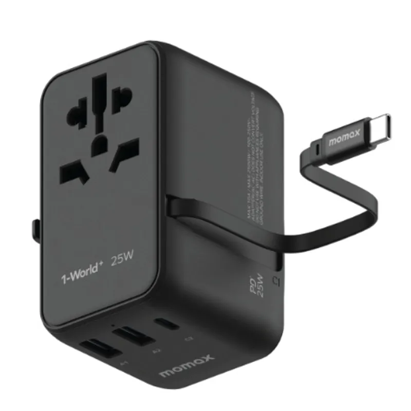 MOMAX 1-World+25W GaN 3插口+AC旅行插座 [內建USB-C充電線] 黑