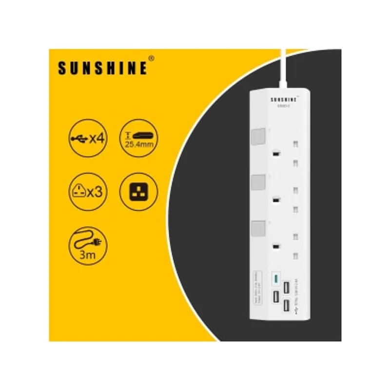 Sunshine 三位獨立開關安全拖板連藍色指示燈+4位USB充電插座
