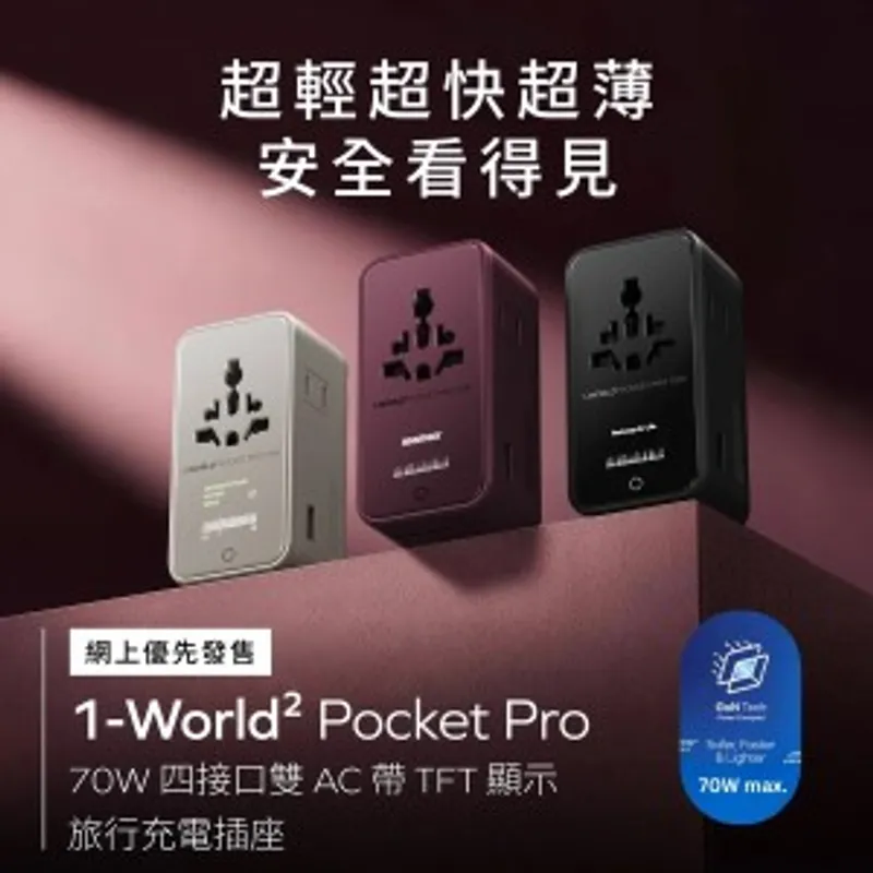 Momax 1-World² Pocket Pro 70W 四接口雙 AC 帶 TFT 顯示旅行充電插座 (顏色: 黑/鈦/櫻紅)