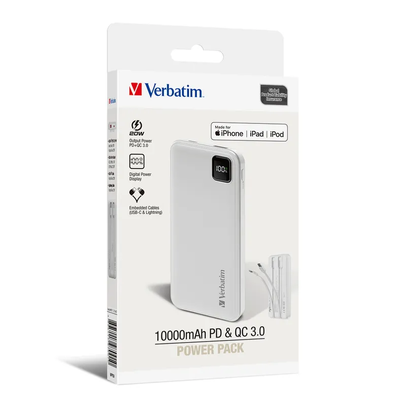 Verbatim 10000mAh PD 18W 嵌入線材充電池 白 [MFI;TypeC 線]