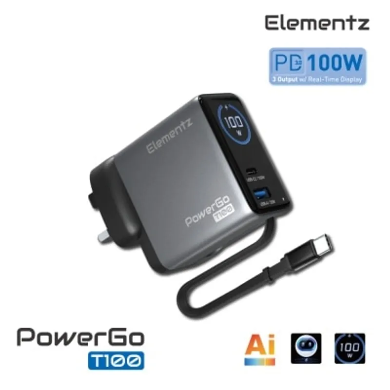 Elementz PowerGo T100 氮化鎵自帶伸縮線插牆式快速充電器