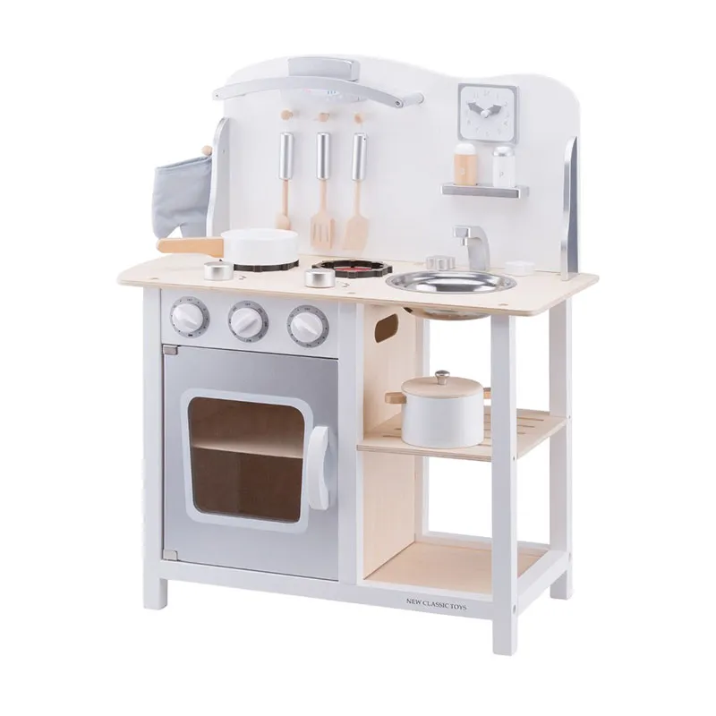 NEW CLASSIC TOYS Bon Appetit木制银色现代经典厨房系列套装玩具